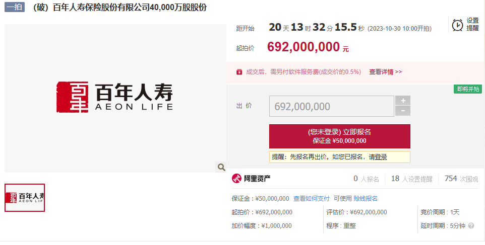 百年人寿4亿股股权被拍卖KAIYUN 起拍价692亿元(图1)
